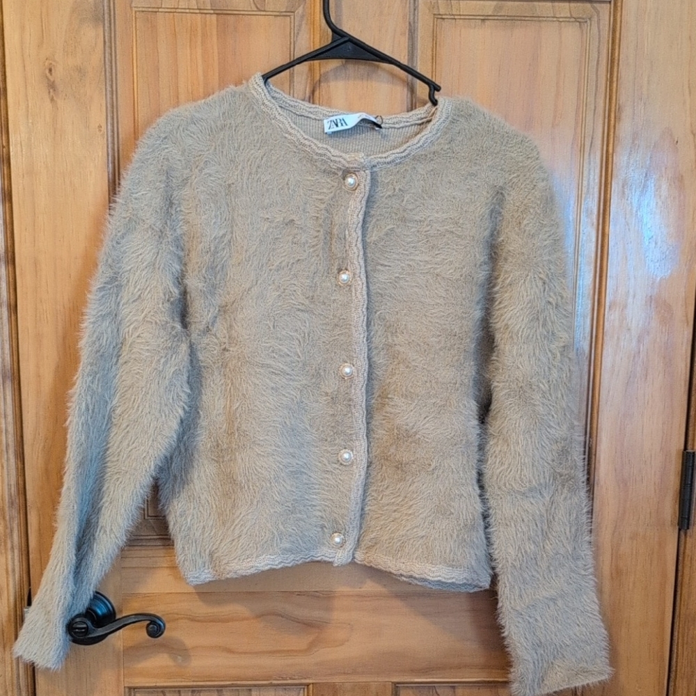 Zara Beige/ Taupe Faux-Fur Pearl-Button Cardigan